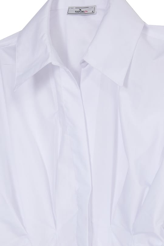 Kadın Regular Fit Klasik Kesim Kısa Kollu Terycotton Kumaş Pileli Beyaz Gömlek