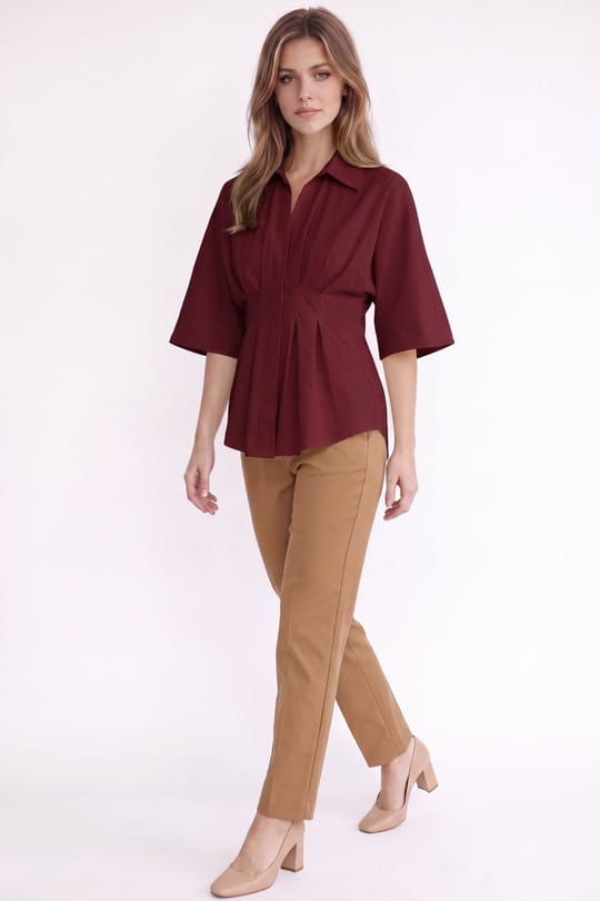 Kadın Regular Fit Klasik Kesim Kısa Kollu Terycotton Kumaş Pileli Bordo Gömlek