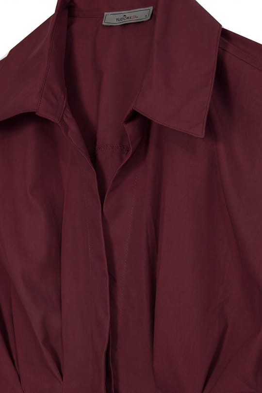 Kadın Regular Fit Klasik Kesim Kısa Kollu Terycotton Kumaş Pileli Bordo Gömlek