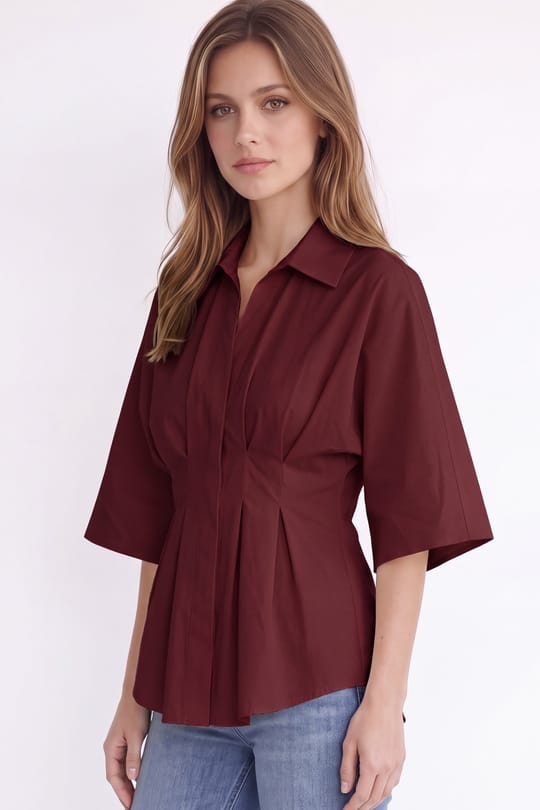 Kadın Regular Fit Klasik Kesim Kısa Kollu Terycotton Kumaş Pileli Bordo Gömlek