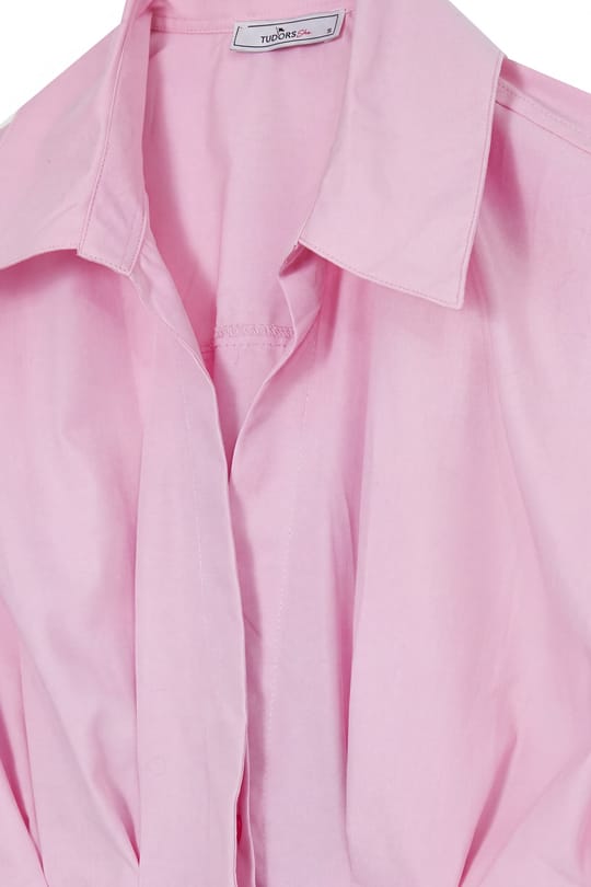 Kadın Regular Fit Klasik Kesim Kısa Kollu Terycotton Kumaş Pileli Pembe Gömlek