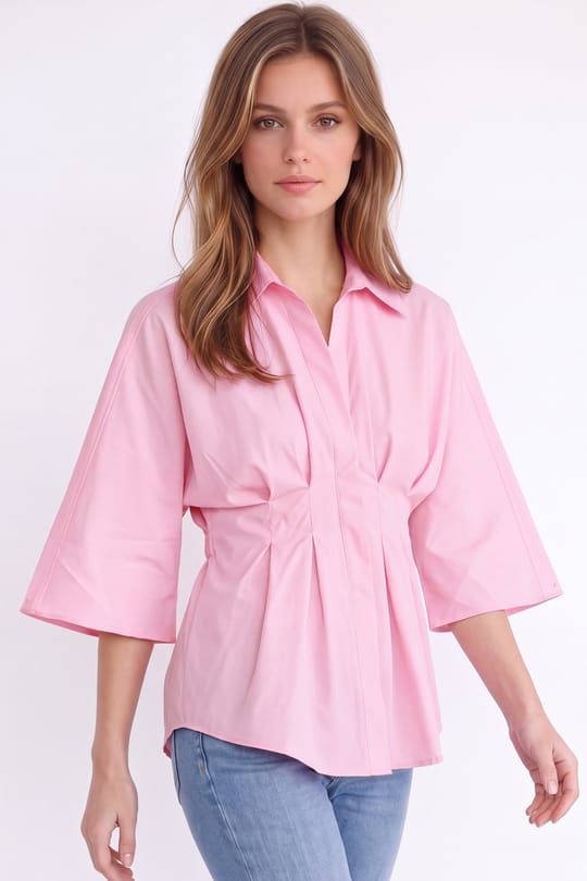 Kadın Regular Fit Klasik Kesim Kısa Kollu Terycotton Kumaş Pileli Pembe Gömlek