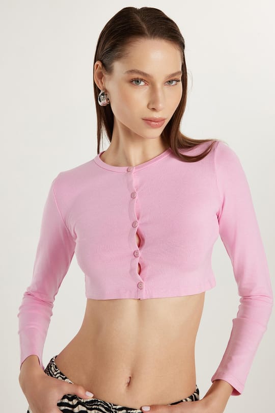 Kadın Slim Fit Dar Kesim Uzun Kollu Bisiklet Yaka Pembe Hırka