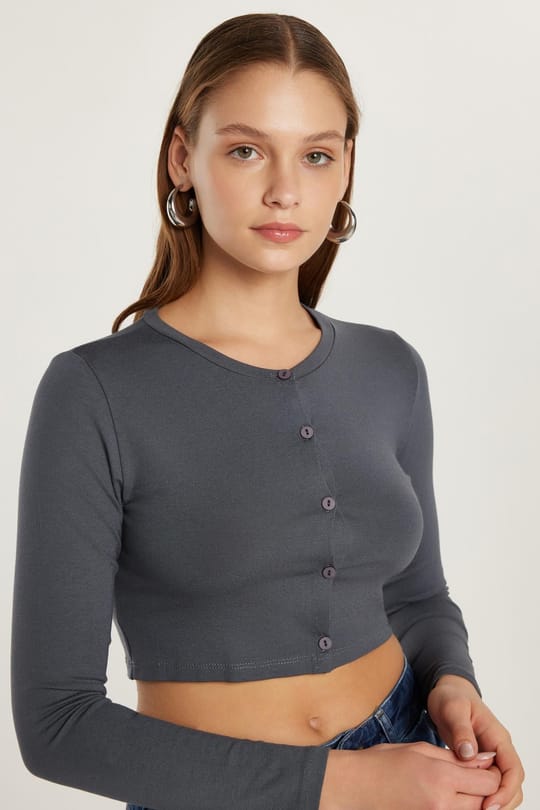 Kadın Slim Fit Dar Kesim Uzun Kollu Bisiklet Yaka Antrasit Hırka