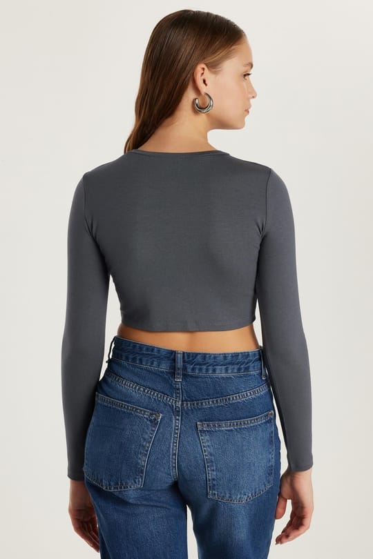 Kadın Slim Fit Dar Kesim Uzun Kollu Bisiklet Yaka Antrasit Hırka
