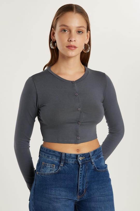 Kadın Slim Fit Dar Kesim Uzun Kollu Bisiklet Yaka Antrasit Hırka