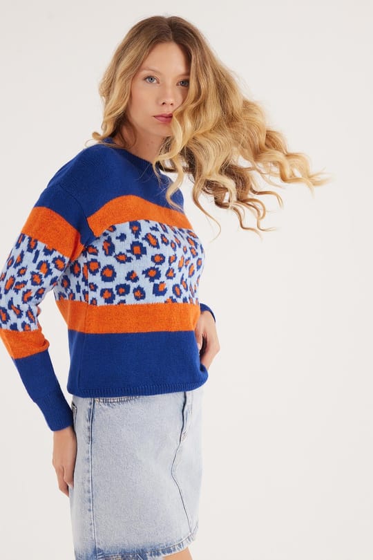 Kadın Slim Fit Dar Kesim Bisiklet Yaka Leopar Desenli Mavi Kazak