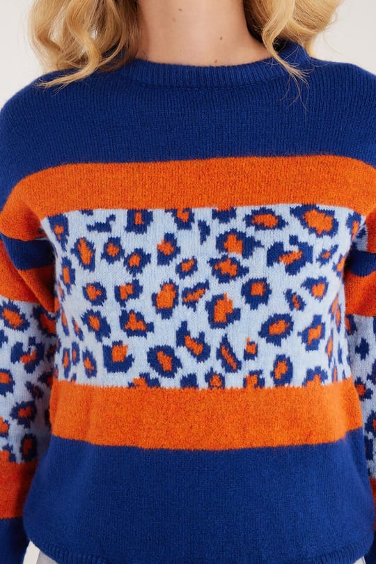 Kadın Slim Fit Dar Kesim Bisiklet Yaka Leopar Desenli Mavi Kazak