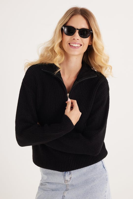 Kadın Oversize Geniş Kesim Dokumalı Fermuarlı Yaka Siyah Kazak