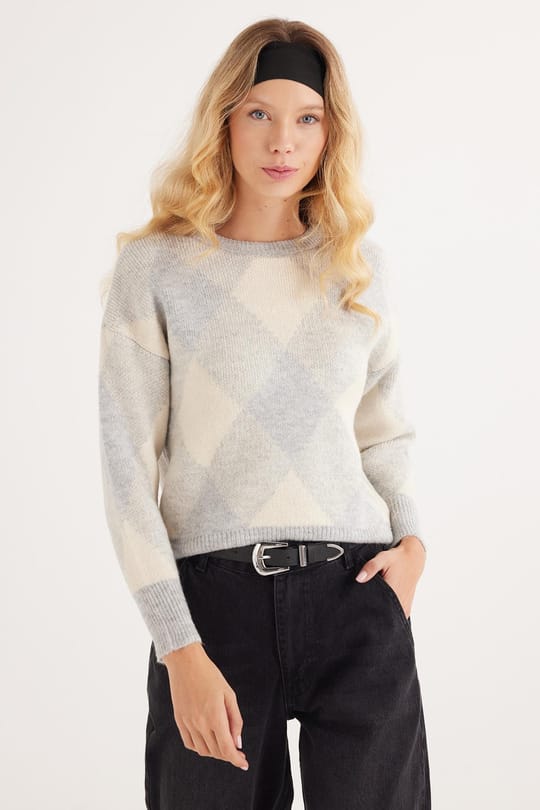 Kadın Slim Fit Dar Kesim Bisiklet Yaka Desenli Gri Kazak