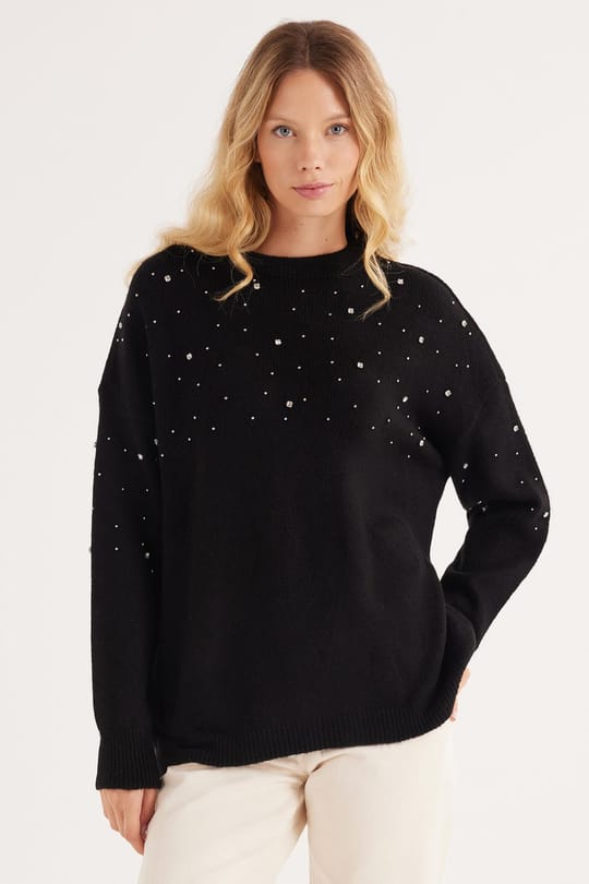 Kadın Slim Fit Dar Kesim Bisiklet Yaka İşlemeli Siyah Kazak