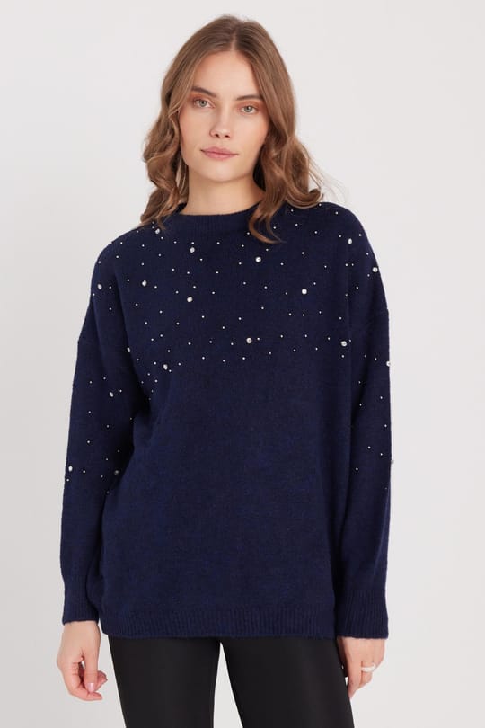 Kadın Slim Fit Dar Kesim Bisiklet Yaka İşlemeli Lacivert Kazak