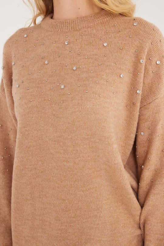 Kadın Slim Fit Dar Kesim Bisiklet Yaka İşlemeli Vizon Kazak