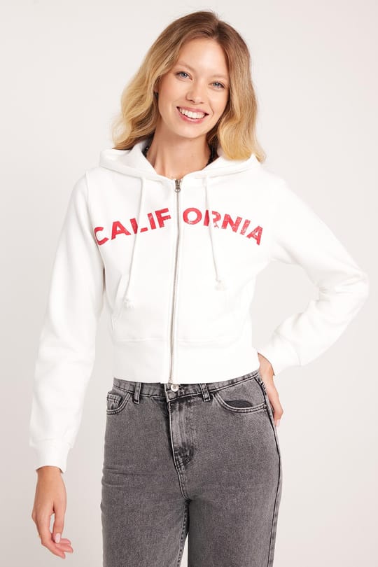 Kadın Slim Fit Dar Kesim Pamuklu Kapüşonlu Baskılı Ekru Hırka