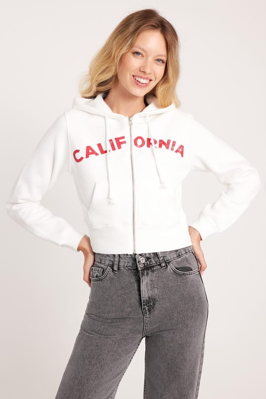 Kadın Slim Fit Dar Kesim Pamuklu Kapüşonlu Baskılı Ekru Hırka
