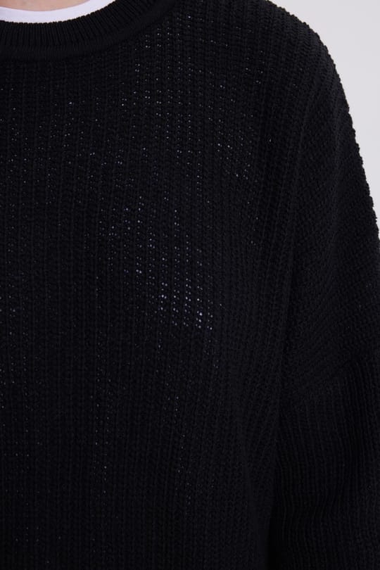 Kadın Oversize Geniş Kesim Örme Detaylı Bisiklet Yaka Siyah Kazak