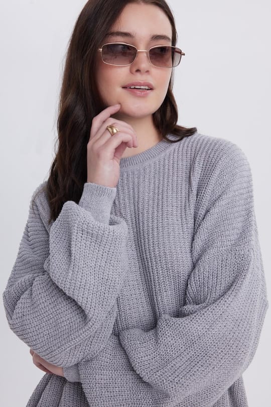 Kadın Oversize Geniş Kesim Örme Detaylı Bisiklet Yaka Gri Kazak