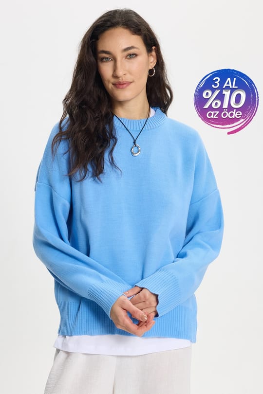 Kadın Oversize Geniş Kesim Bisiklet Yaka Mavi Kazak