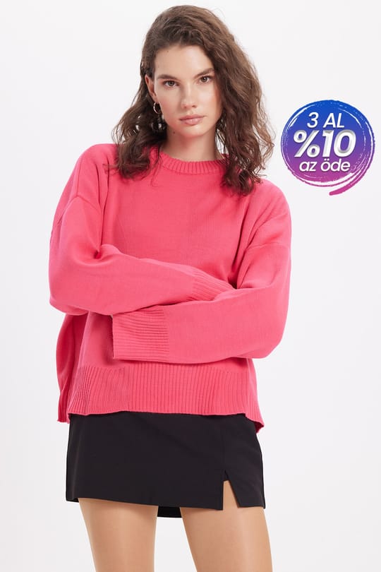 Kadın Oversize Geniş Kesim Bisiklet Yaka Fuşya Kazak