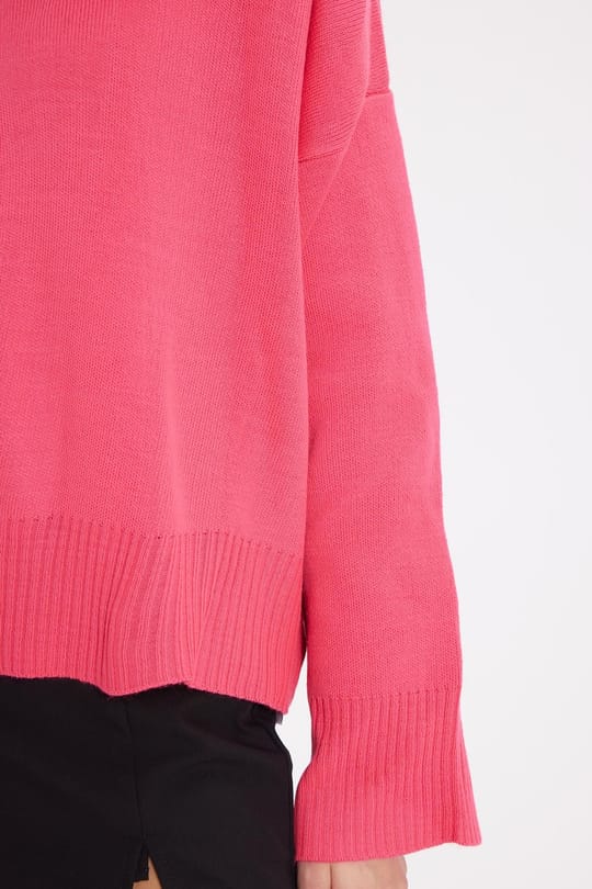Kadın Oversize Geniş Kesim Bisiklet Yaka Fuşya Kazak