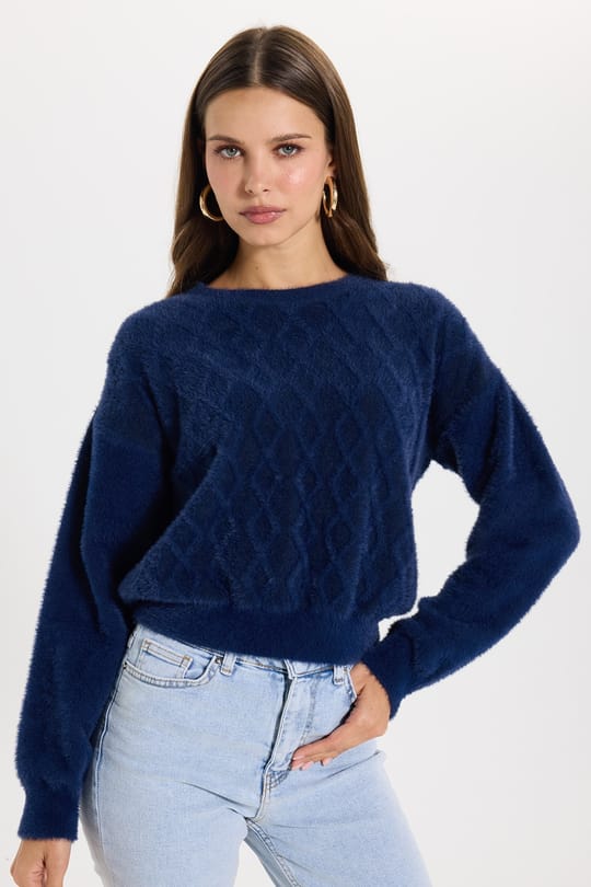 Kadın Slim Fit Dar Kesim Bisiklet Yaka Yumuşak Dokulu Baklava Desenli Lacivert Crop Triko Kazak