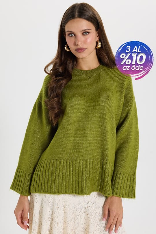 Kadın Oversize Geniş Kesim Bisiklet Yaka Truvakar Kollu Yeşil Triko Kazak