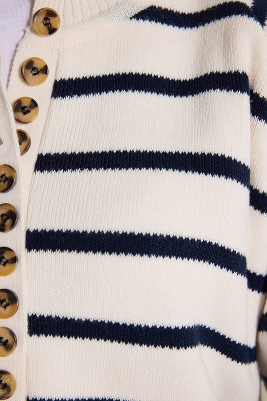 Kadın Standart Fit Normal Kesim Reglan Kol Çizgili Bisiklet Yaka Düğmeli Beyaz Kazak