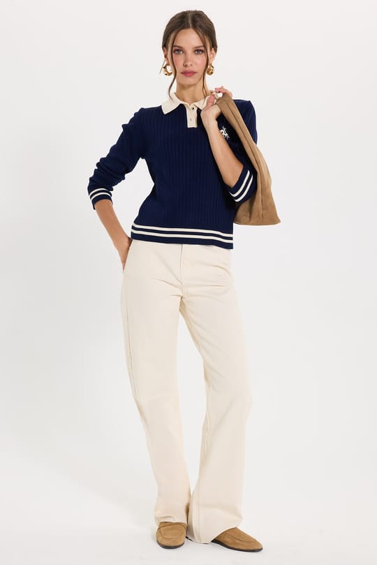 Kadın Slim Fit Dar Kesim Uzun Kollu Polo Yaka Nakışlı Lacivert Kazak