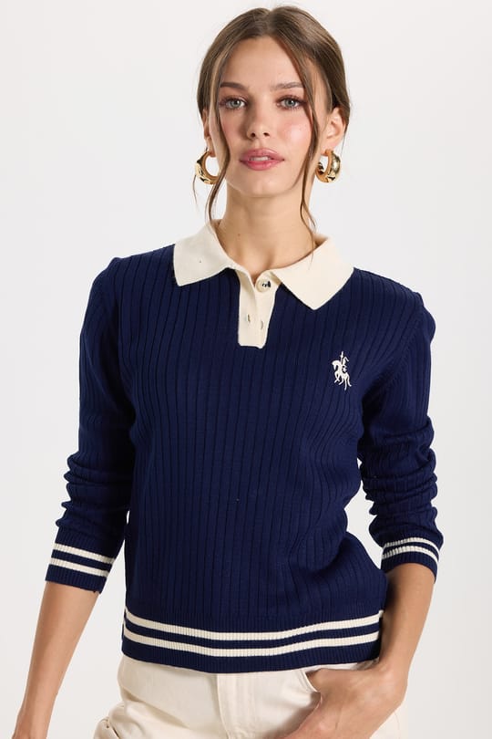 Kadın Slim Fit Dar Kesim Uzun Kollu Polo Yaka Nakışlı Lacivert Kazak