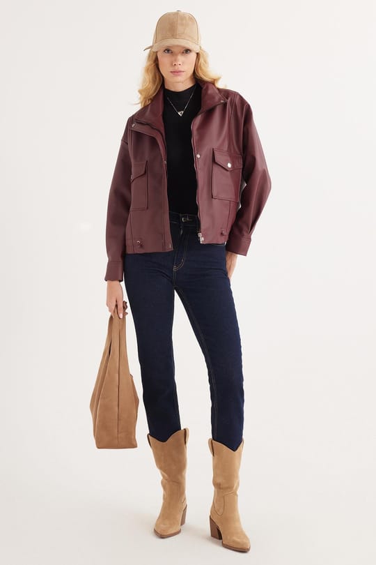 Kadın Regular Fit Klasik Kesim Fermuarlı Çıtçıt Kapamalı Bordo Ceket