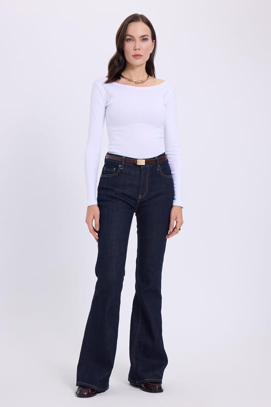 Kadın Slim Fit Dar Kesim Pamuklu Modal Kumaş Uzun Kollu Kayık Yaka Beyaz Bluz