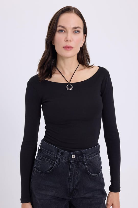 Kadın Slim Fit Dar Kesim Pamuklu Modal Kumaş Uzun Kollu Kayık Yaka Siyah Bluz