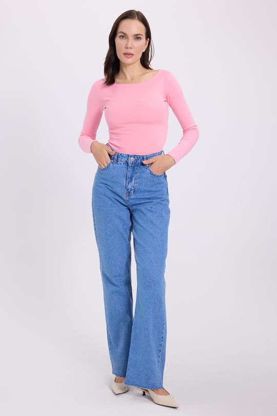 Kadın Slim Fit Dar Kesim Pamuklu Modal Kumaş Uzun Kollu Kayık Yaka Pembe Bluz