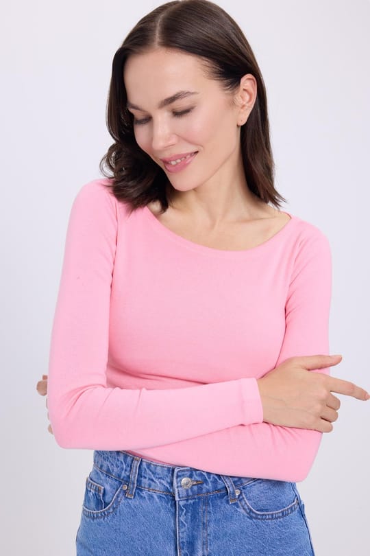 Kadın Slim Fit Dar Kesim Pamuklu Modal Kumaş Uzun Kollu Kayık Yaka Pembe Bluz