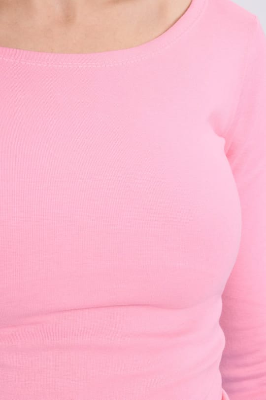 Kadın Slim Fit Dar Kesim Pamuklu Modal Kumaş Uzun Kollu Kayık Yaka Pembe Bluz