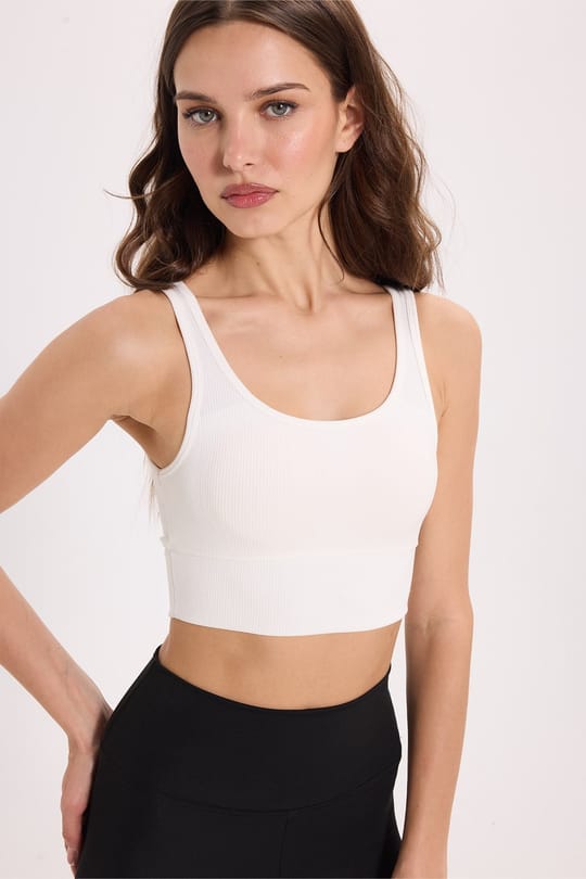 Kadın Slim Fit Dar Kesim Bisiklet Yaka Kalın Askılı Esnek Ekru Spor Atlet