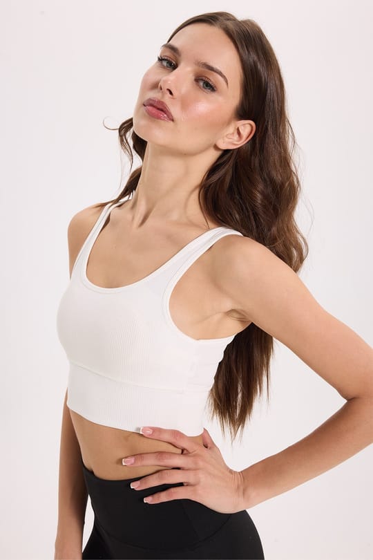Kadın Slim Fit Dar Kesim Bisiklet Yaka Kalın Askılı Esnek Ekru Spor Atlet