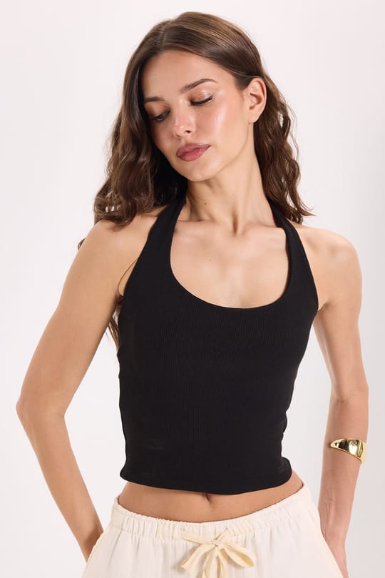 Kadın Slim Fit Dar Kesim Pamuklu Halter Yaka Kaşkorse Siyah Crop