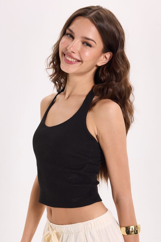 Kadın Slim Fit Dar Kesim Pamuklu Halter Yaka Kaşkorse Siyah Crop