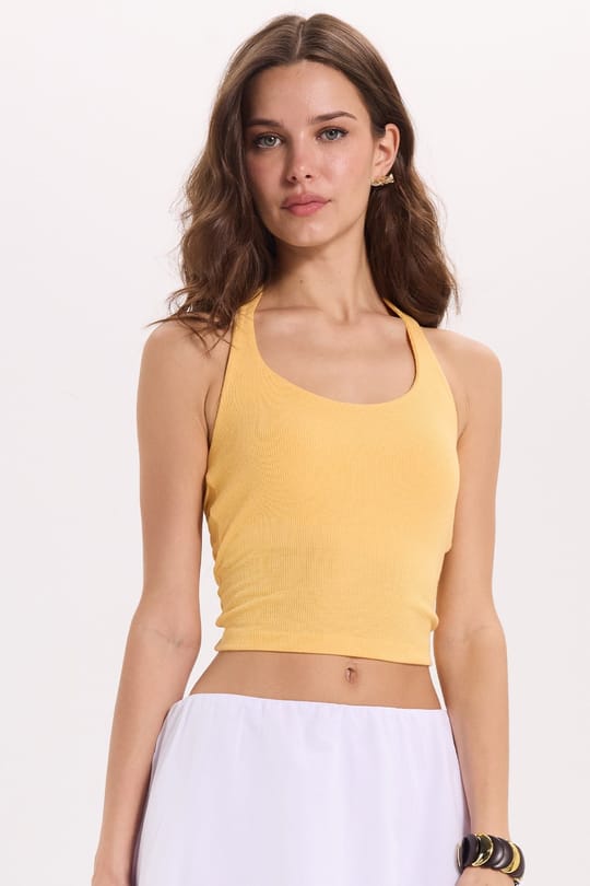 Kadın Slim Fit Dar Kesim Pamuklu Halter Yaka Kaşkorse Sarı Crop