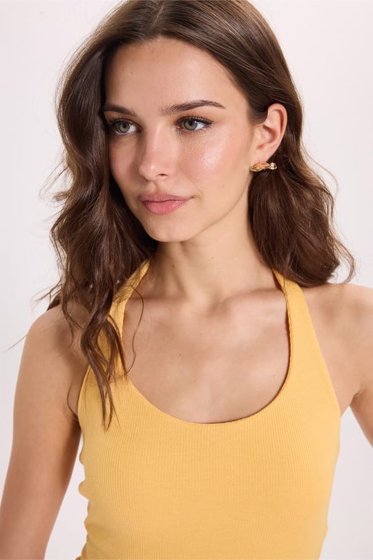 Kadın Slim Fit Dar Kesim Pamuklu Halter Yaka Kaşkorse Sarı Crop