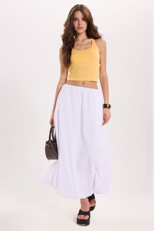 Kadın Slim Fit Dar Kesim Pamuklu Halter Yaka Kaşkorse Sarı Crop