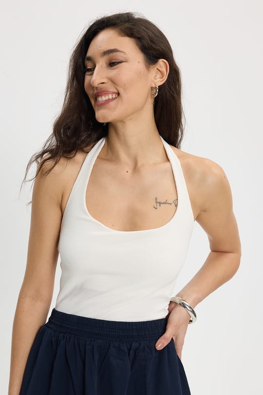 Kadın Slim Fit Dar Kesim Pamuklu Halter Yaka Kaşkorse Ekru Crop