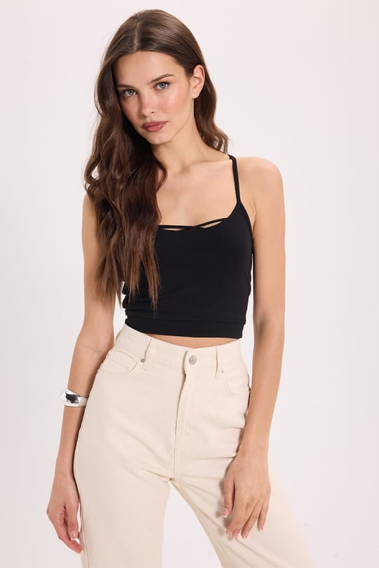 Kadın Slim Fit Dar Kesim Pamuklu İnce Askılı Siyah Crop Atlet