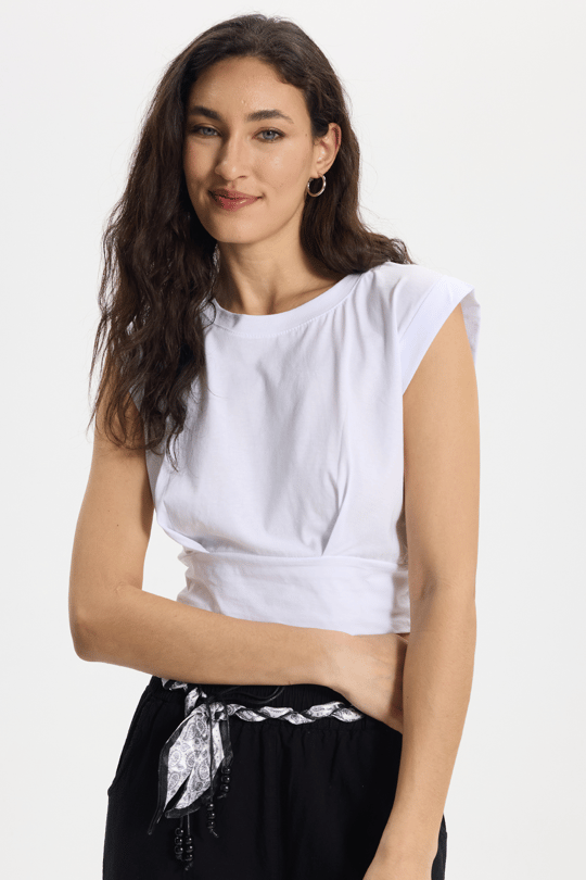 Kadın Slim Fit %100 Pamuk Pileli Yumuşak Doku Beyaz Bisiklet Yaka Crop Bluz