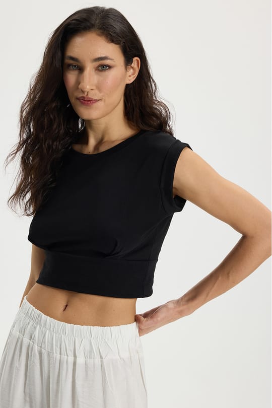 Kadın Slim Fit Bisiklet Yaka %100 Pamuk Yumuşak Dokulu Kolsuz Pileli Siyah Crop Bluz 