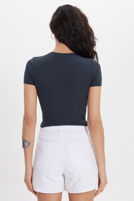 Kadın Slim Fit Dar Kesim %100 Pamuk Bisiklet Yaka Kısa Kol Antrasit Crop