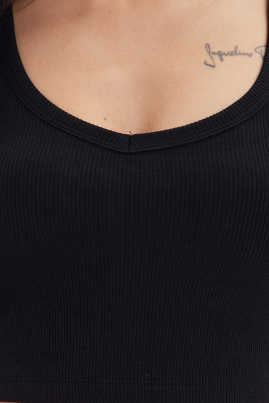 Kadın Slim Fit Dar Kesim Pamuklu Fitilli Kalın Askılı Basic Siyah Crop Atlet