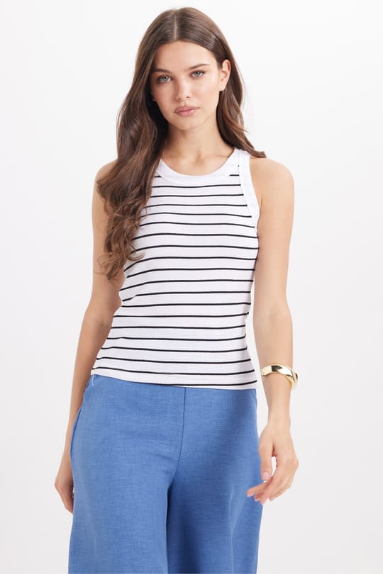 Kadın Slim Fit Dar Kesim Pamuklu Askılı Bisiklet Yaka Çizgili Beyaz Crop Atlet