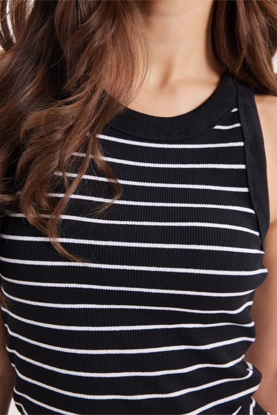 Kadın Slim Fit Dar Kesim Pamuklu Askılı Bisiklet Yaka Çizgili Siyah Crop Atlet